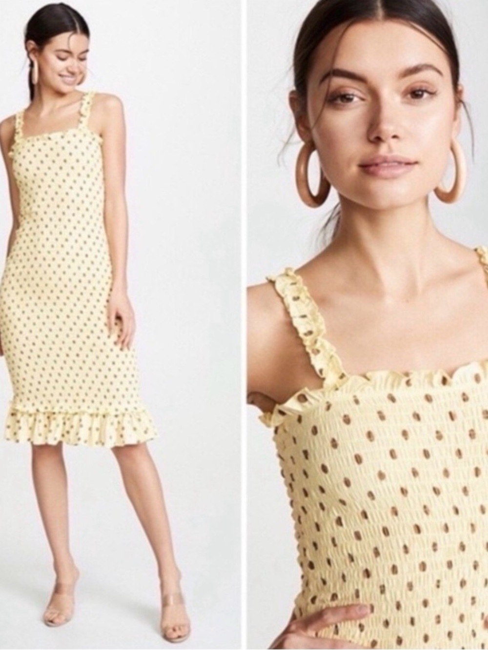 Faithfull the Brand Yellow Polka Dot Ruffle Strap Midi Dress